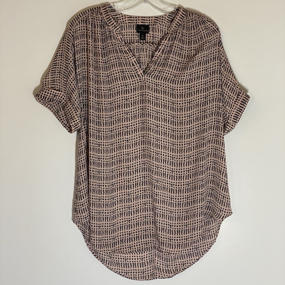 Worthington Top Womens Small Pink Black Mod V Neck Short Sleeve Roll Tab Office